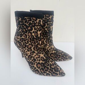 Something Navy Leopard Print Knit Sock Booties Stiletto Pointy Toe Size 8